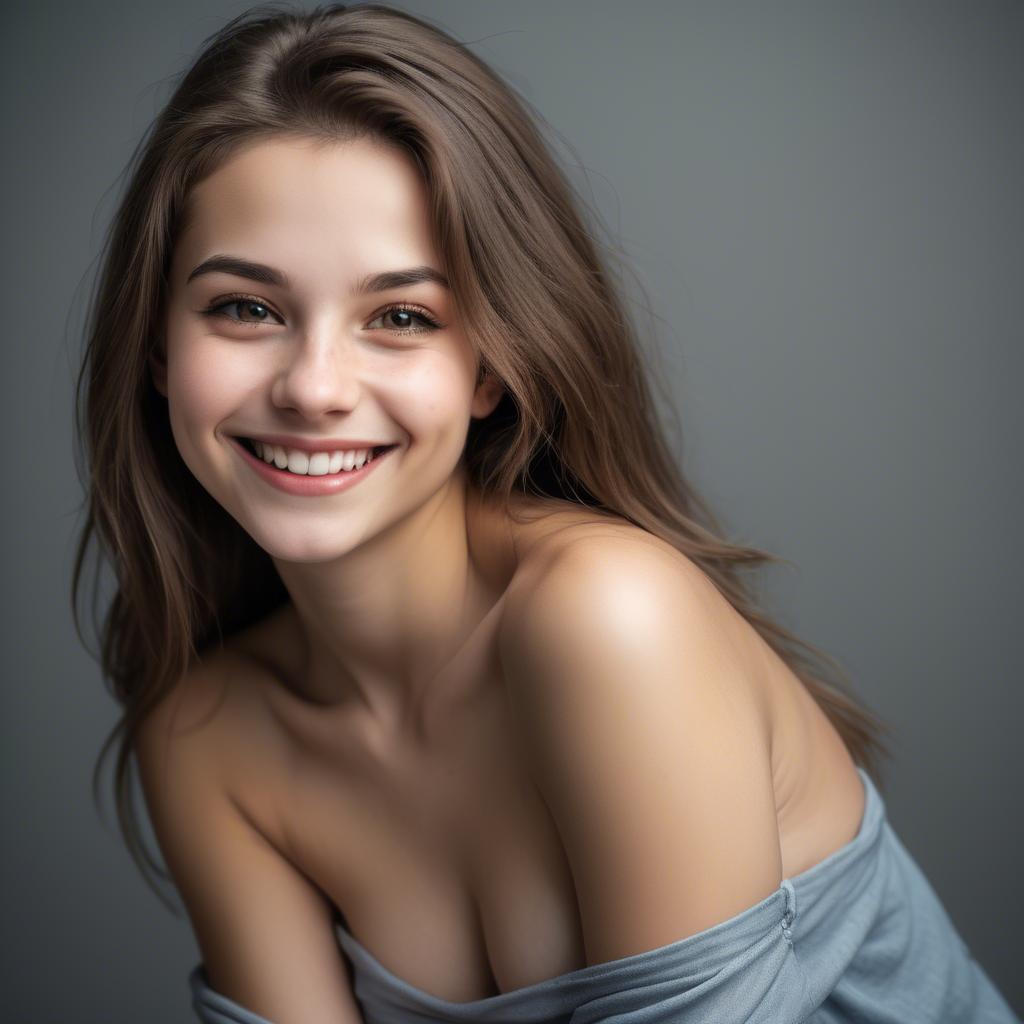 A stunning image of alluring girl with bare shoulders and a mischievous smile.