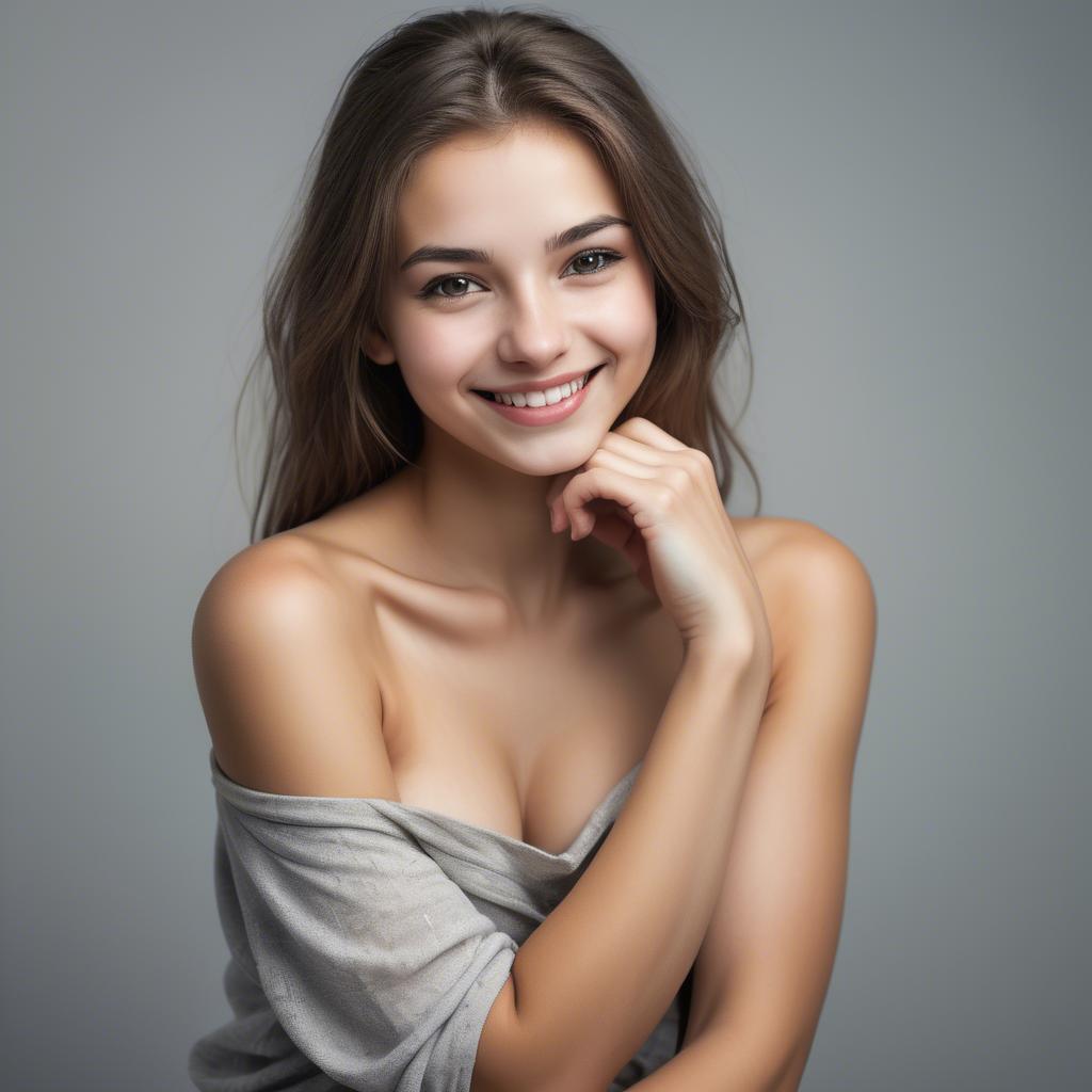 A stunning image of alluring girl with bare shoulders and a mischievous smile.