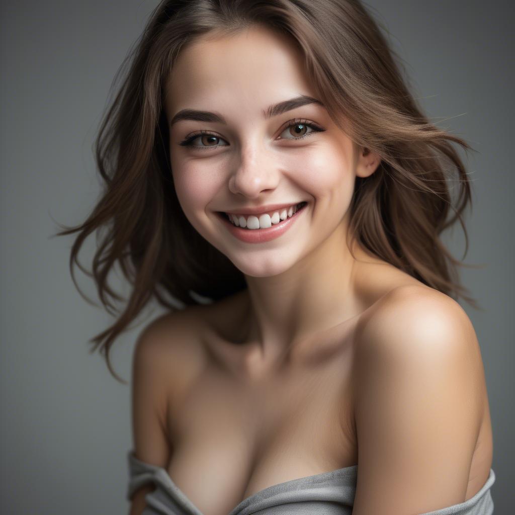 A stunning image of alluring girl with bare shoulders and a mischievous smile.