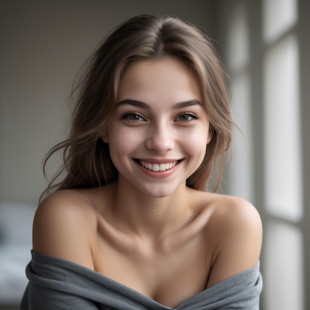 A stunning image of alluring girl with bare shoulders and a mischievous smile.