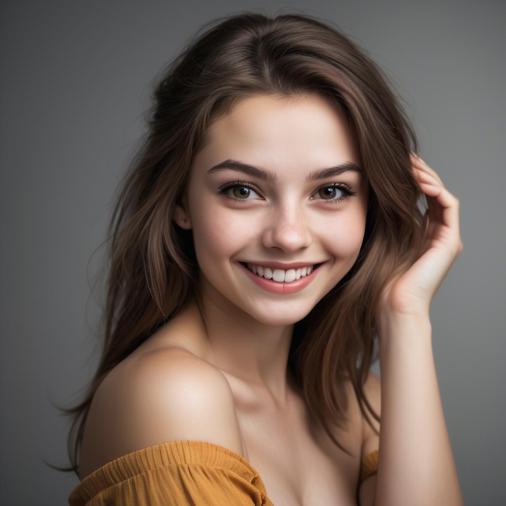 A stunning image of alluring girl with bare shoulders and a mischievous smile.