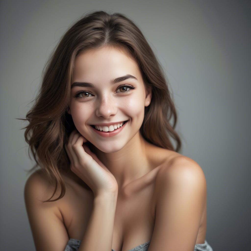 A stunning image of alluring girl with bare shoulders and a mischievous smile.