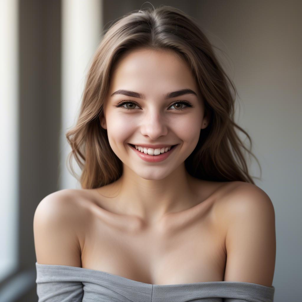 A stunning image of alluring girl with bare shoulders and a mischievous smile.
