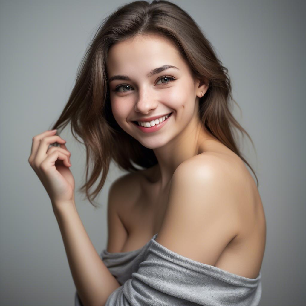 A stunning image of alluring girl with bare shoulders and a mischievous smile.