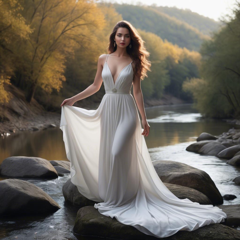 A stunning image of alluring lady in a flowing white gown by a river.