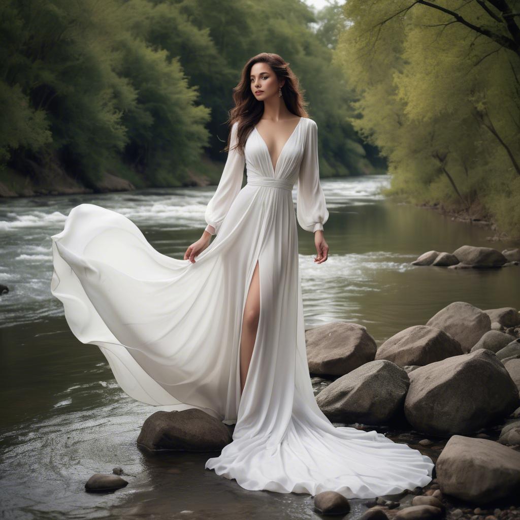 A stunning image of alluring lady in a flowing white gown by a river.