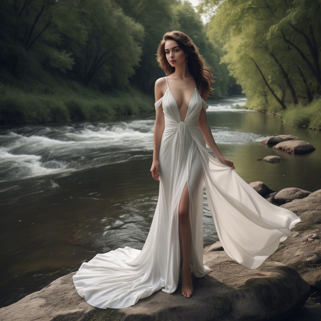 A stunning image of alluring lady in a flowing white gown by a river.