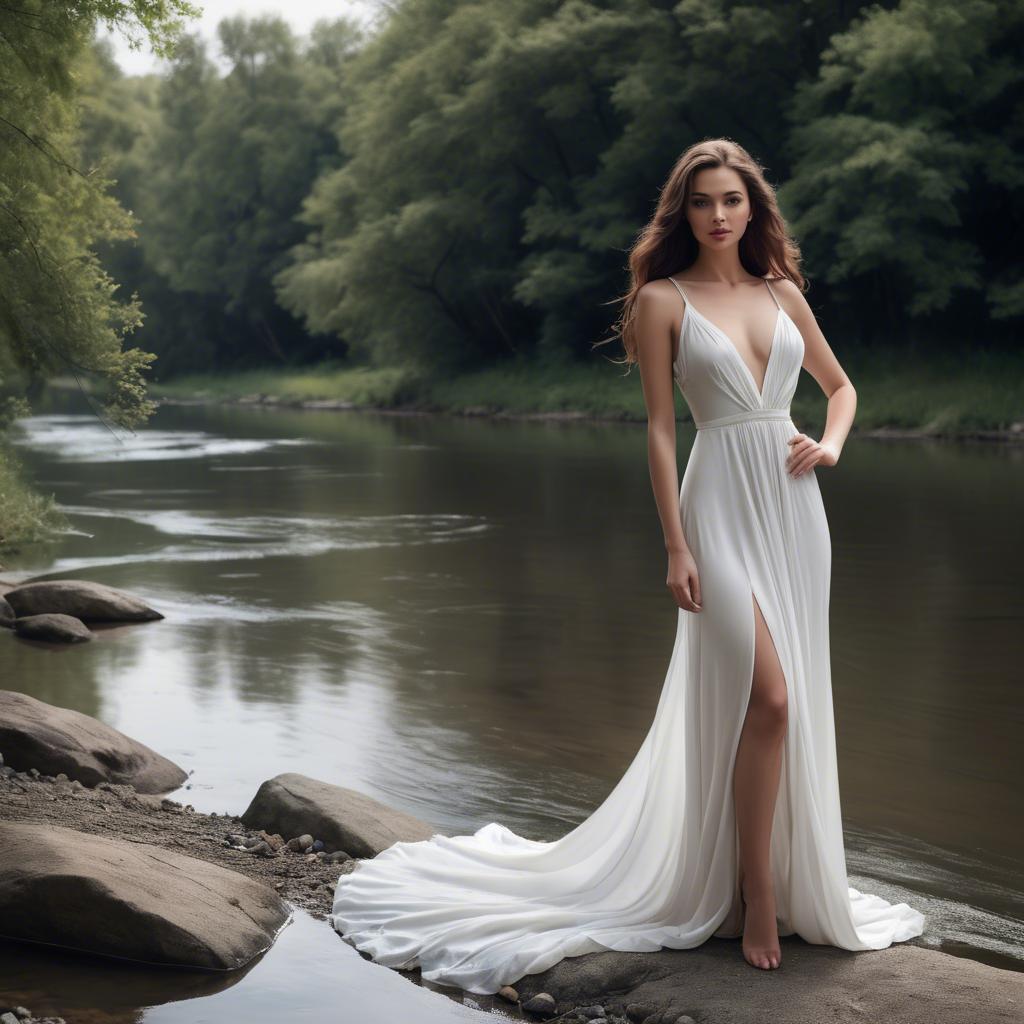 A stunning image of alluring lady in a flowing white gown by a river.