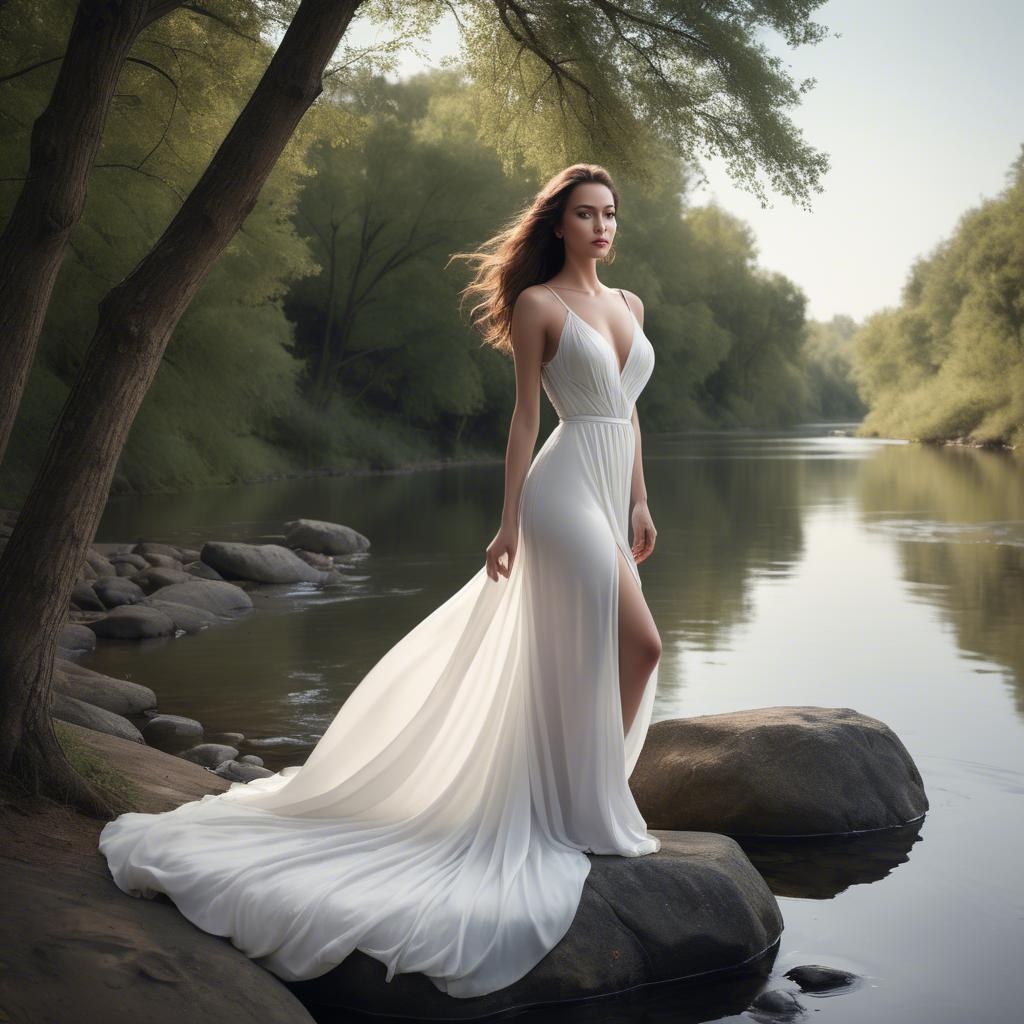 A stunning image of alluring lady in a flowing white gown by a river.