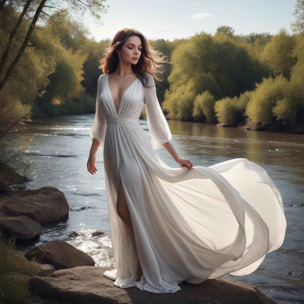 A stunning image of alluring lady in a flowing white gown by a river.