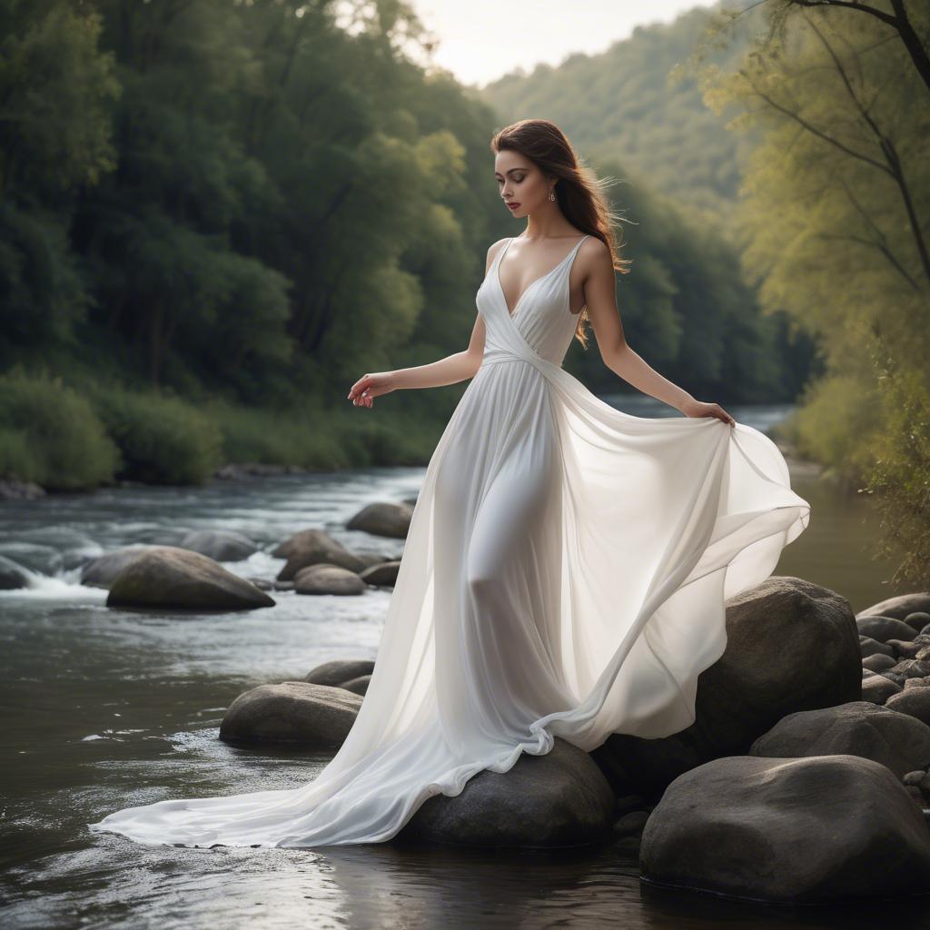 A stunning image of alluring lady in a flowing white gown by a river.