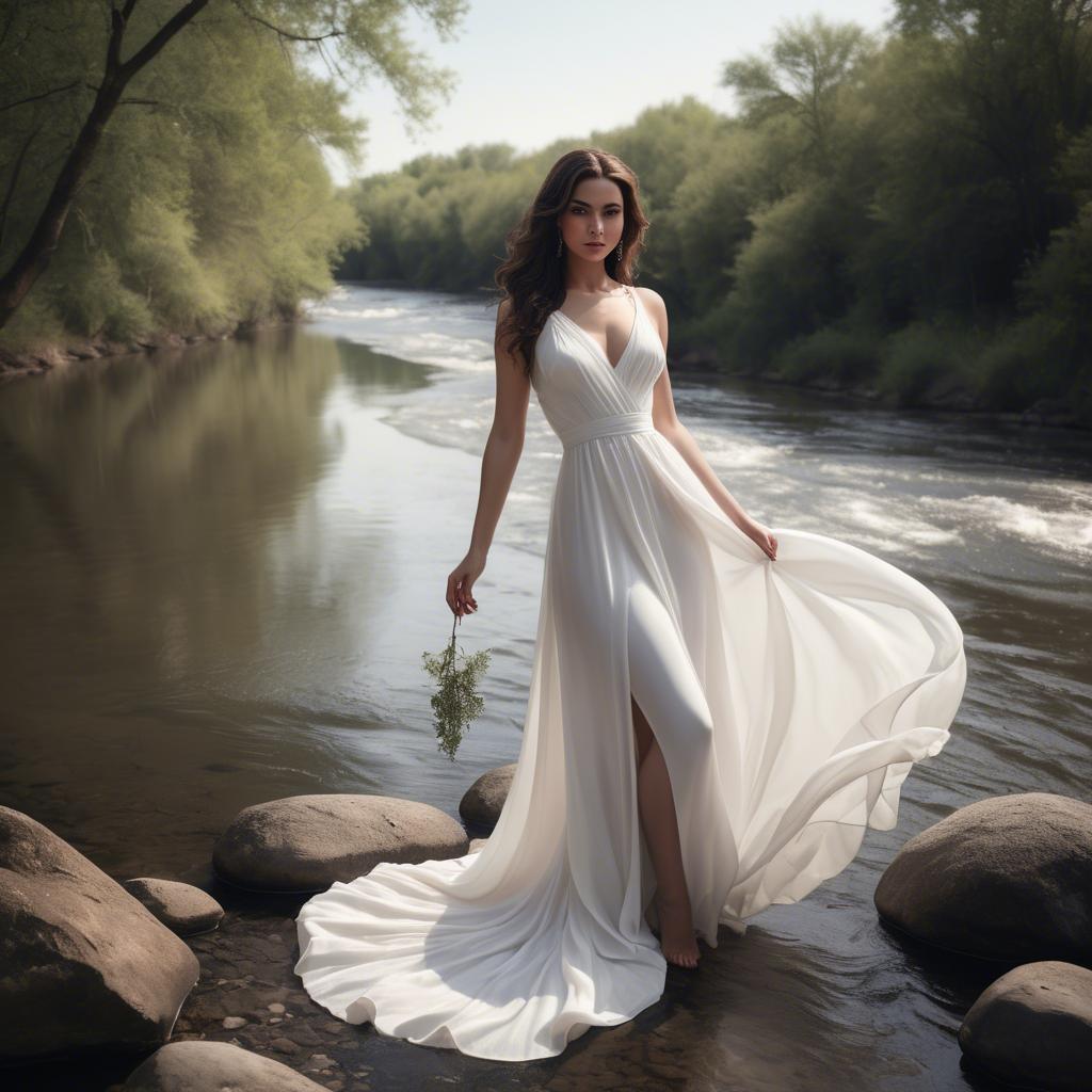 A stunning image of alluring lady in a flowing white gown by a river.