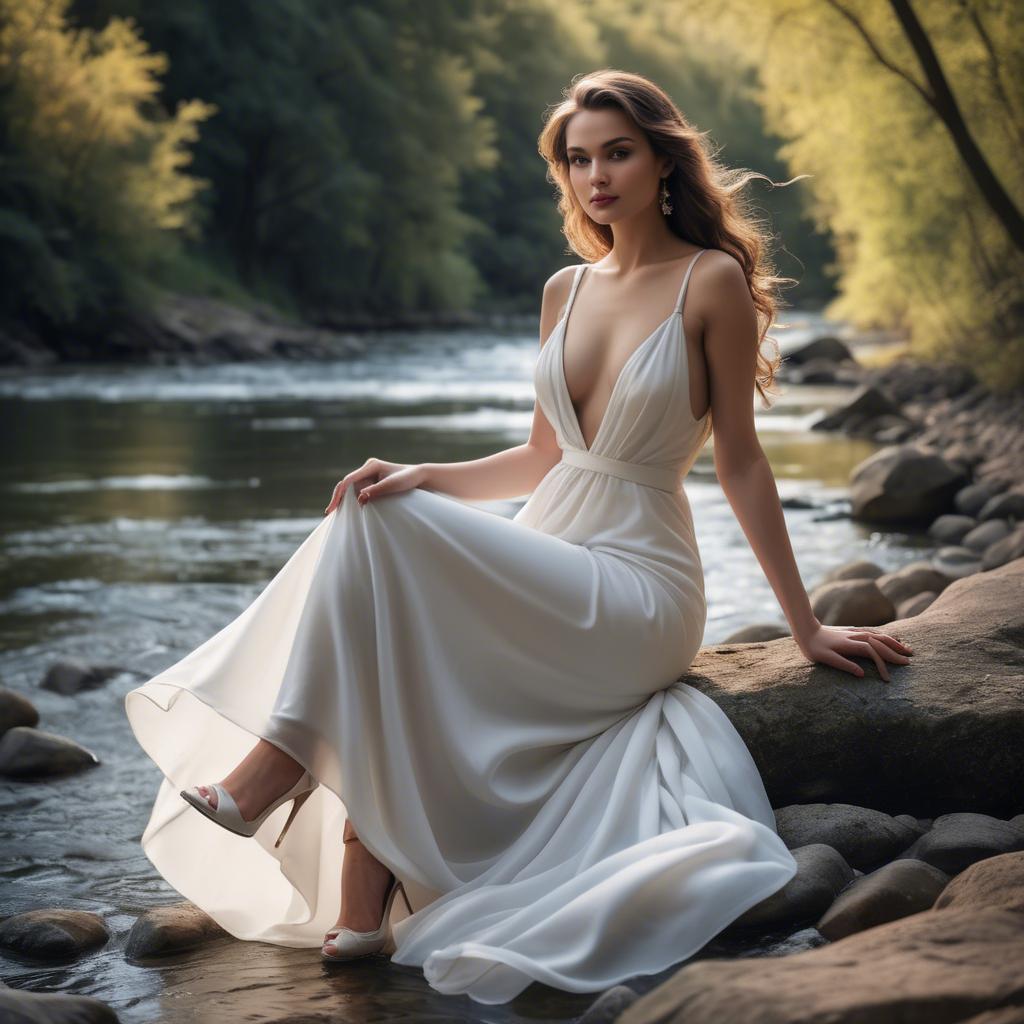 A stunning image of alluring lady in a flowing white gown by a river.