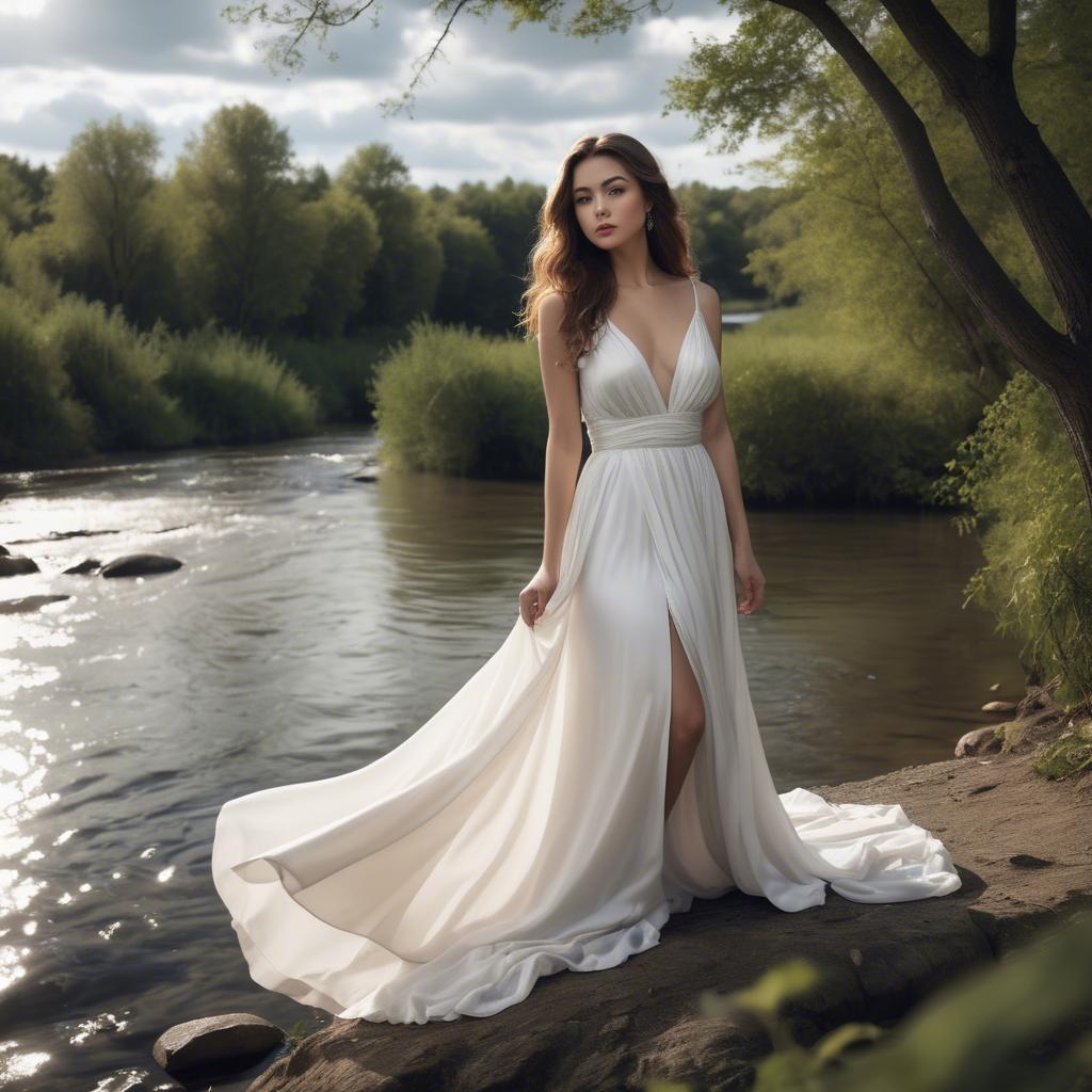 A stunning image of alluring lady in a flowing white gown by a river.
