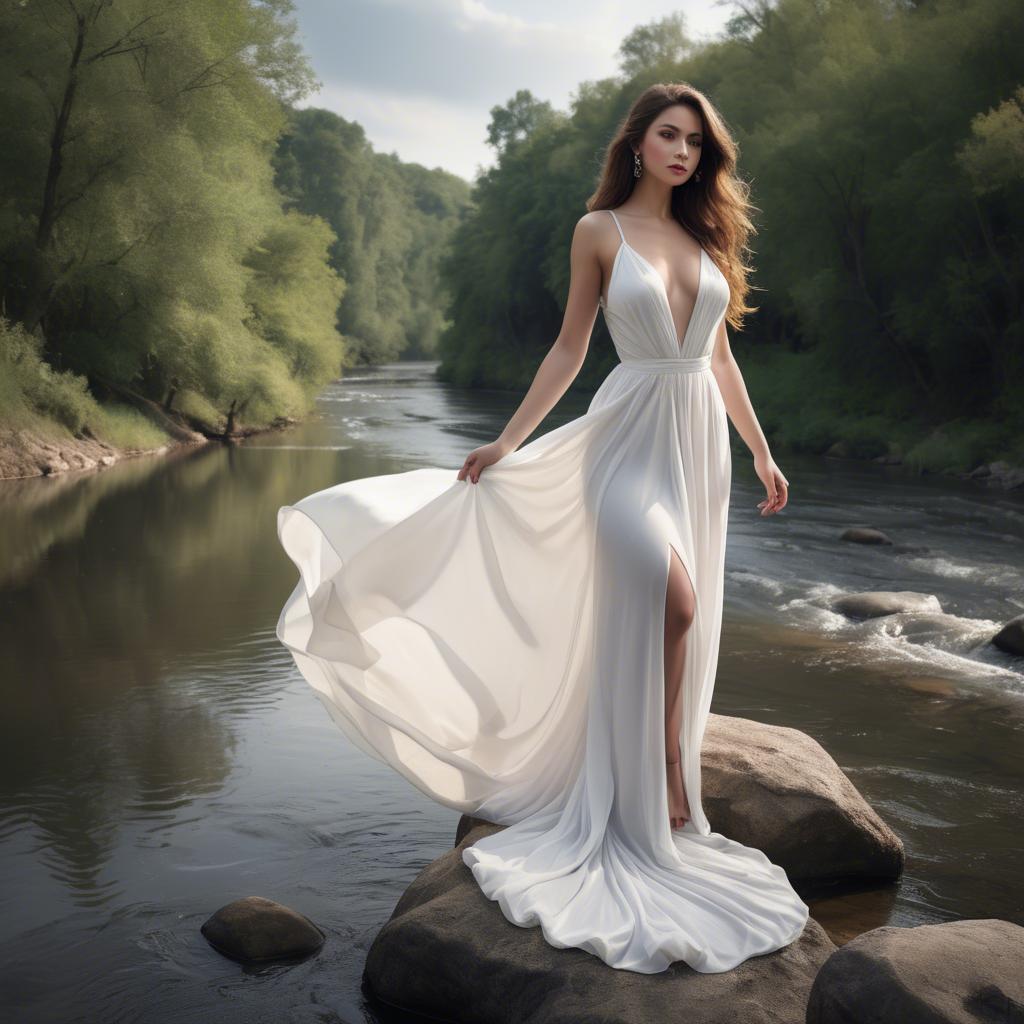 A stunning image of alluring lady in a flowing white gown by a river.