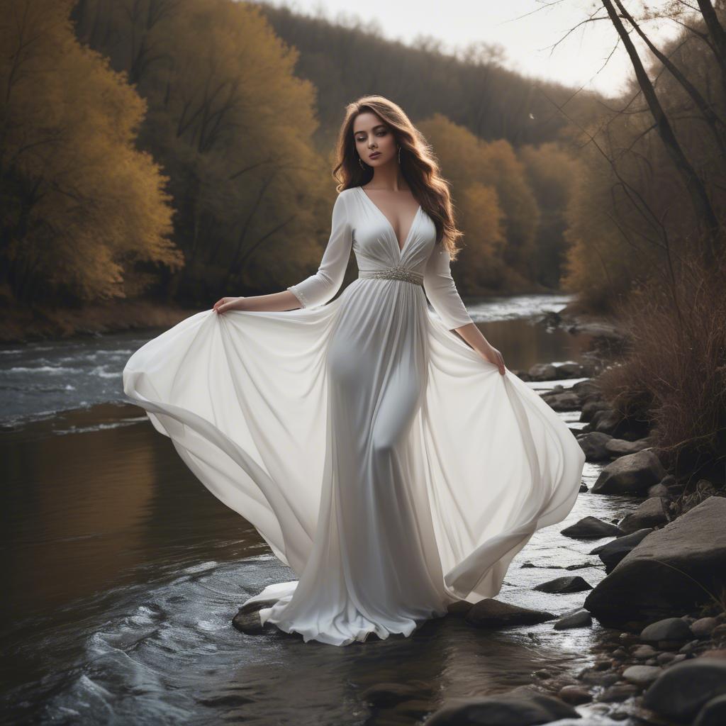 A stunning image of alluring lady in a flowing white gown by a river.