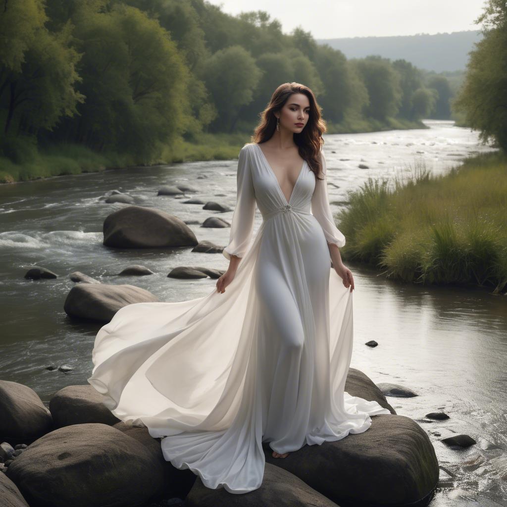 A stunning image of alluring lady in a flowing white gown by a river.