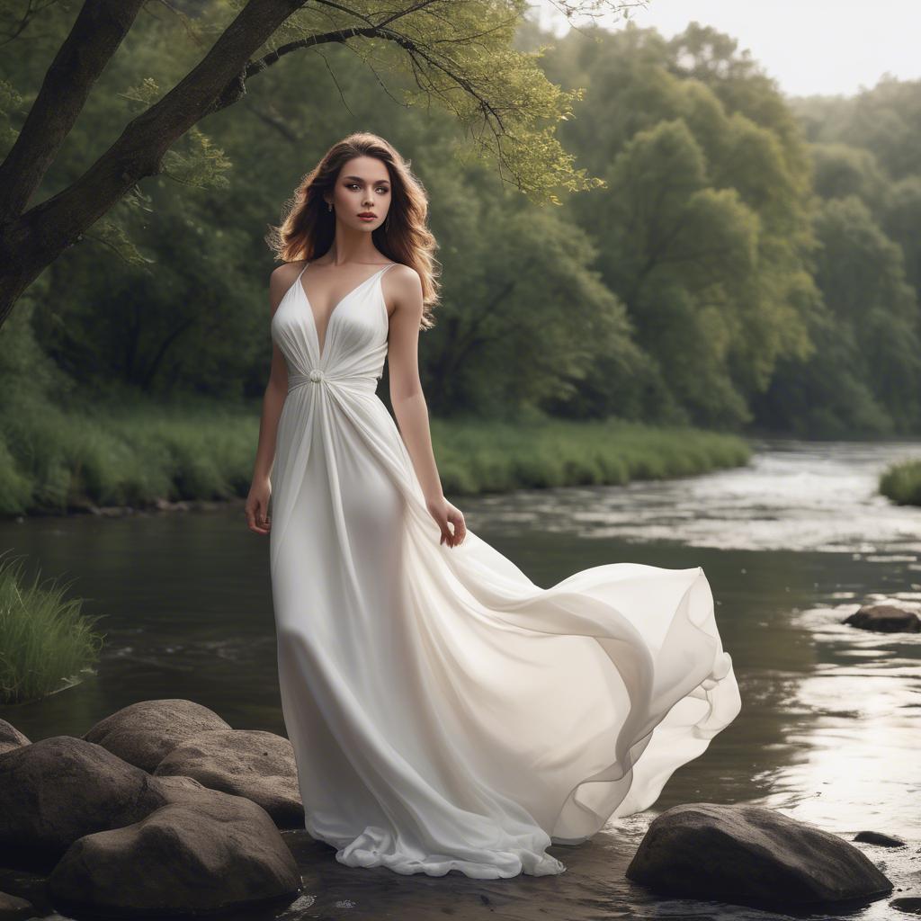 A stunning image of alluring lady in a flowing white gown by a river.
