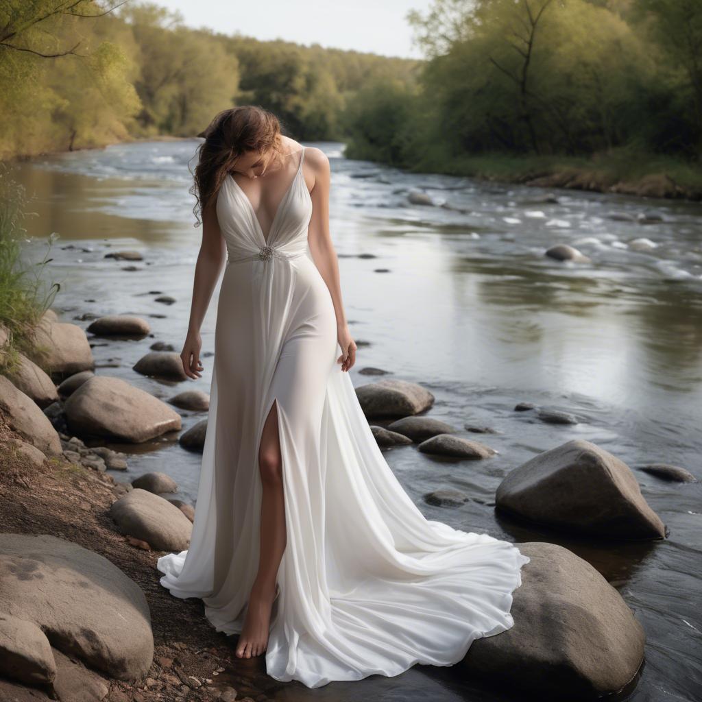 A stunning image of alluring lady in a flowing white gown by a river.