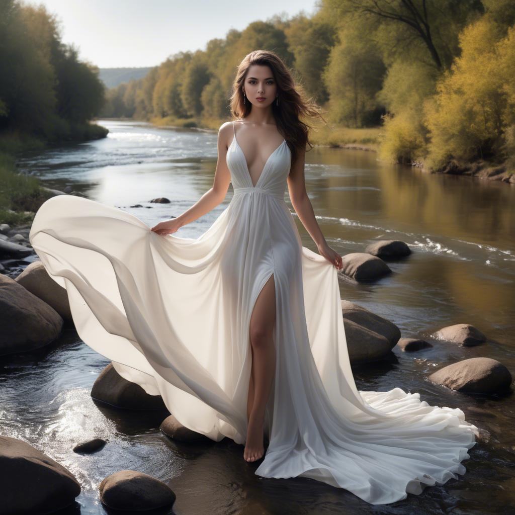 A stunning image of alluring lady in a flowing white gown by a river.