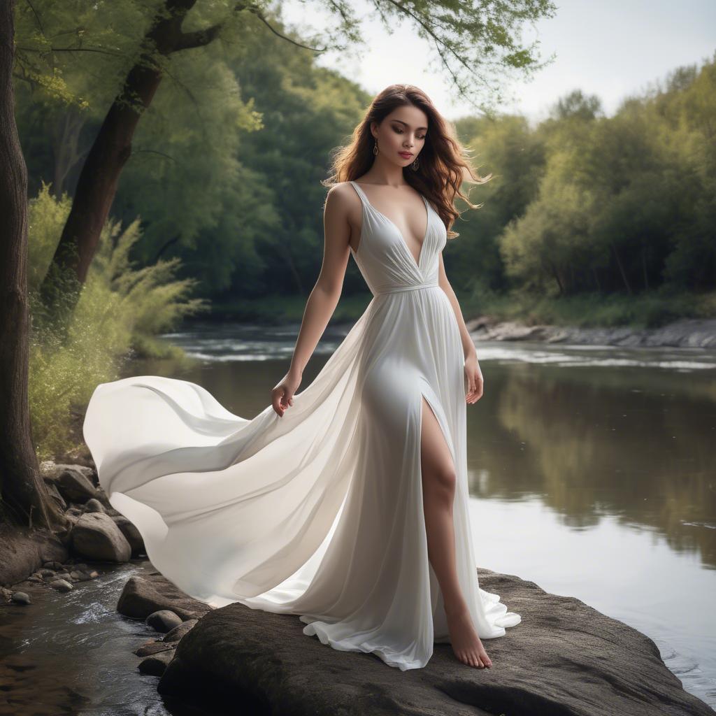 A stunning image of alluring lady in a flowing white gown by a river.