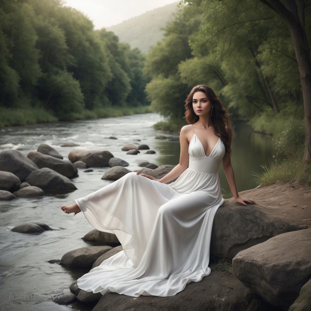 A stunning image of alluring lady in a flowing white gown by a river.