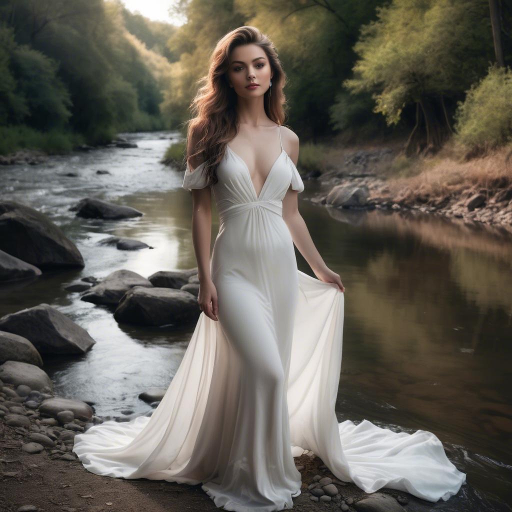 A stunning image of alluring lady in a flowing white gown by a river.