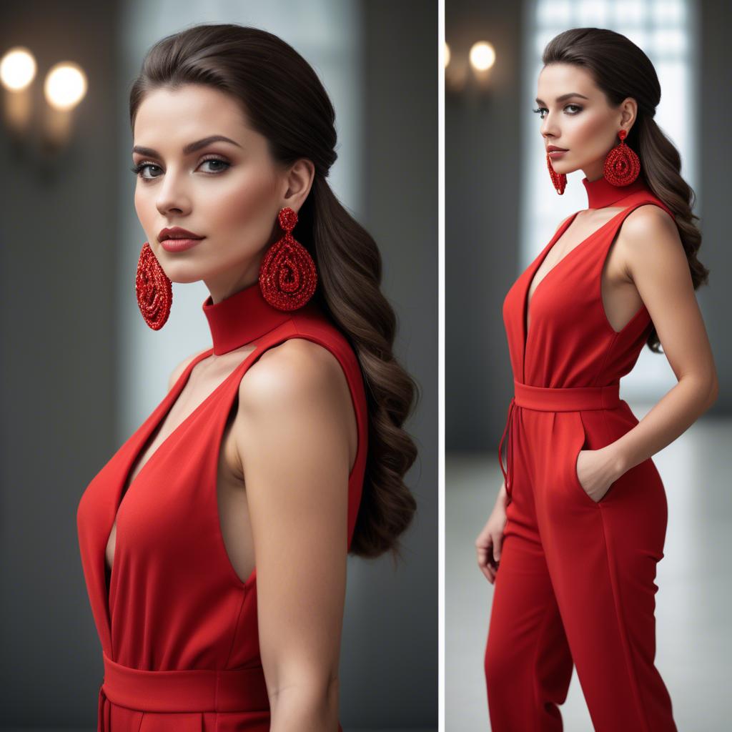 A stunning image of alluring lady in a red jumpsuit with dramatic earrings.