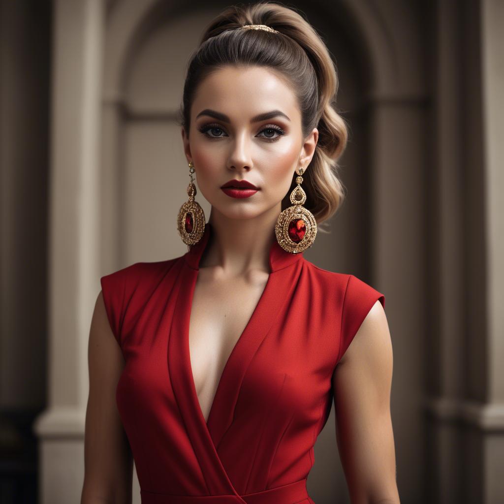 A stunning image of alluring lady in a red jumpsuit with dramatic earrings.