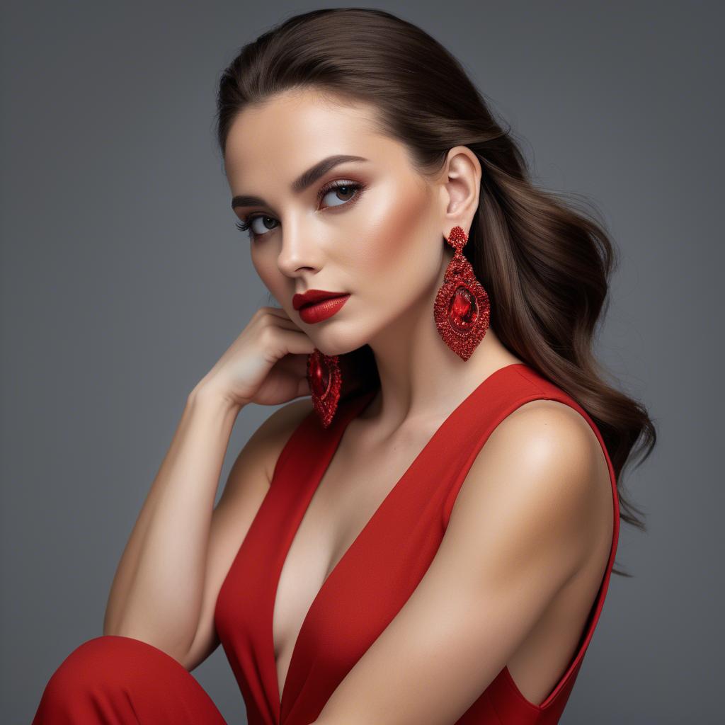 A stunning image of alluring lady in a red jumpsuit with dramatic earrings.
