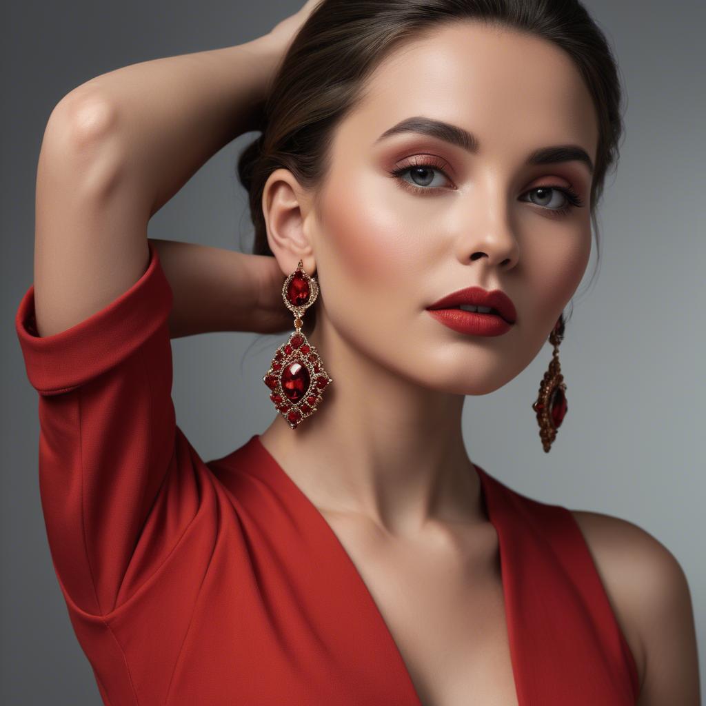 A stunning image of alluring lady in a red jumpsuit with dramatic earrings.