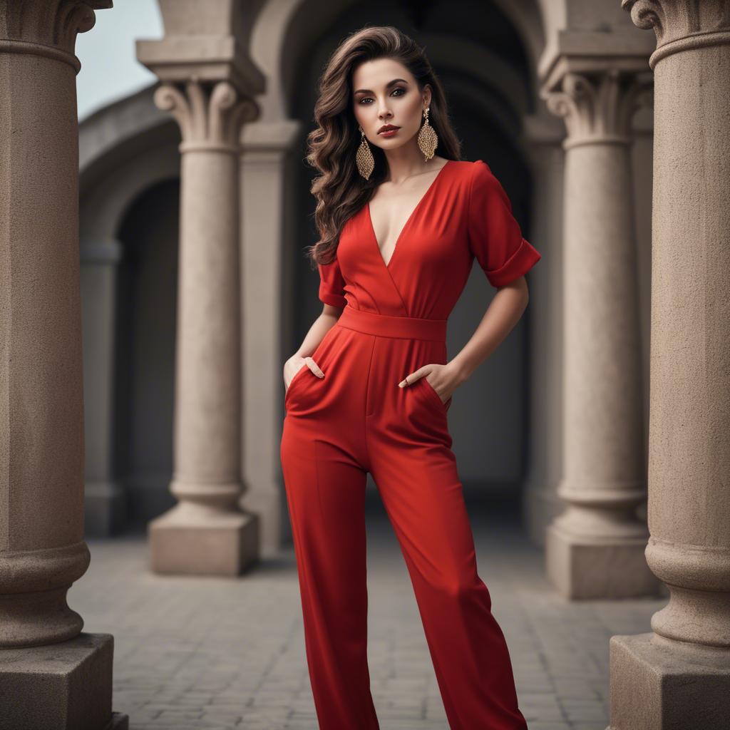 A stunning image of alluring lady in a red jumpsuit with dramatic earrings.