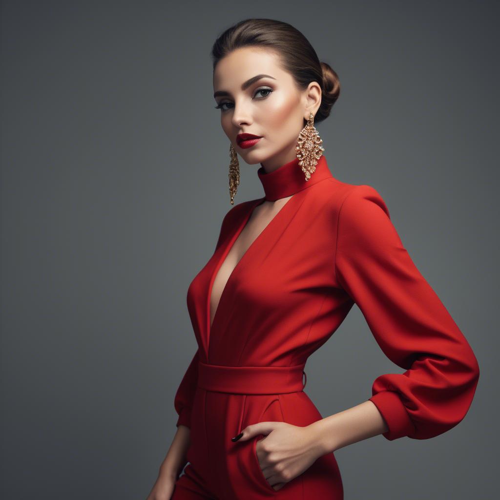 A stunning image of alluring lady in a red jumpsuit with dramatic earrings.