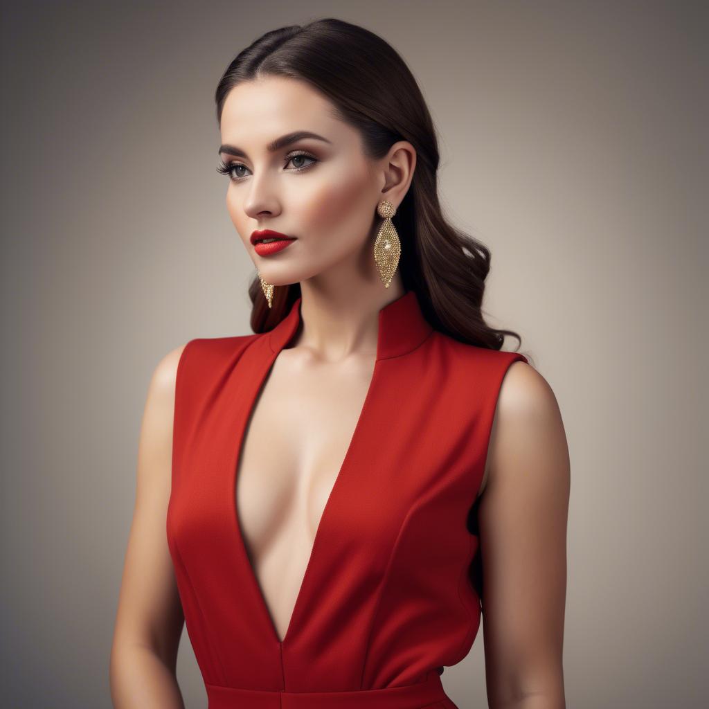 A stunning image of alluring lady in a red jumpsuit with dramatic earrings.