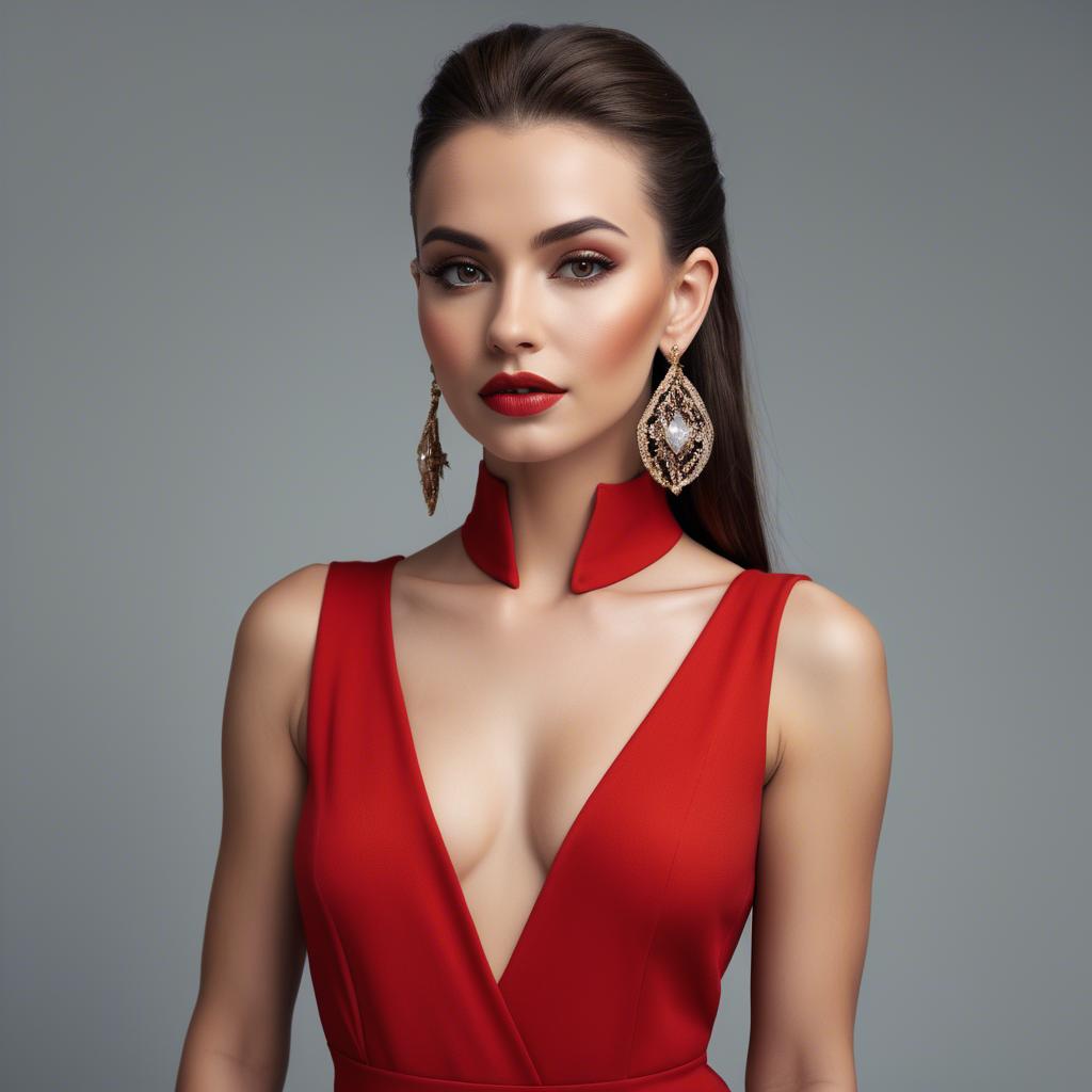 A stunning image of alluring lady in a red jumpsuit with dramatic earrings.