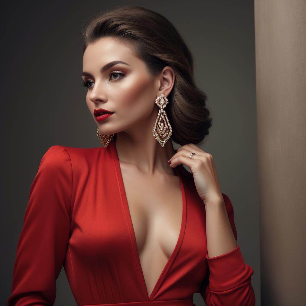 A stunning image of alluring lady in a red jumpsuit with dramatic earrings.