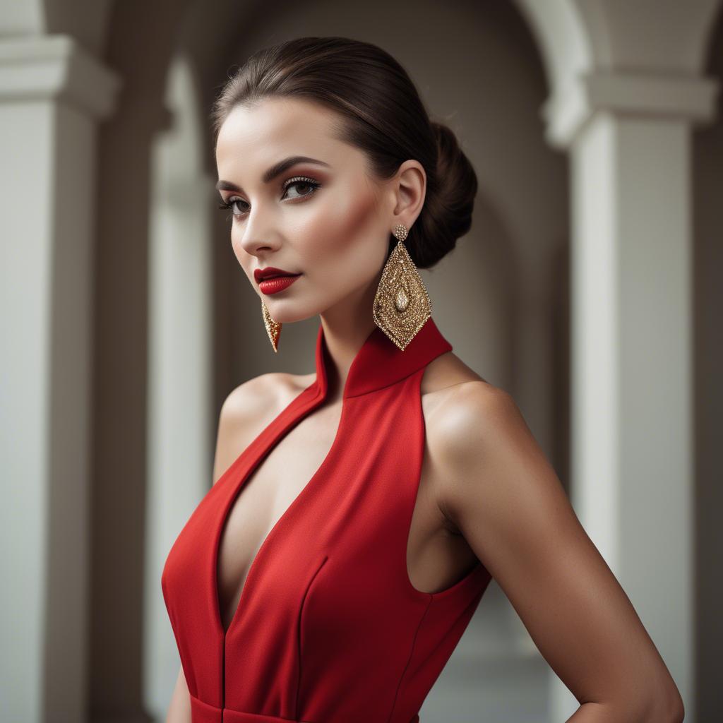 A stunning image of alluring lady in a red jumpsuit with dramatic earrings.
