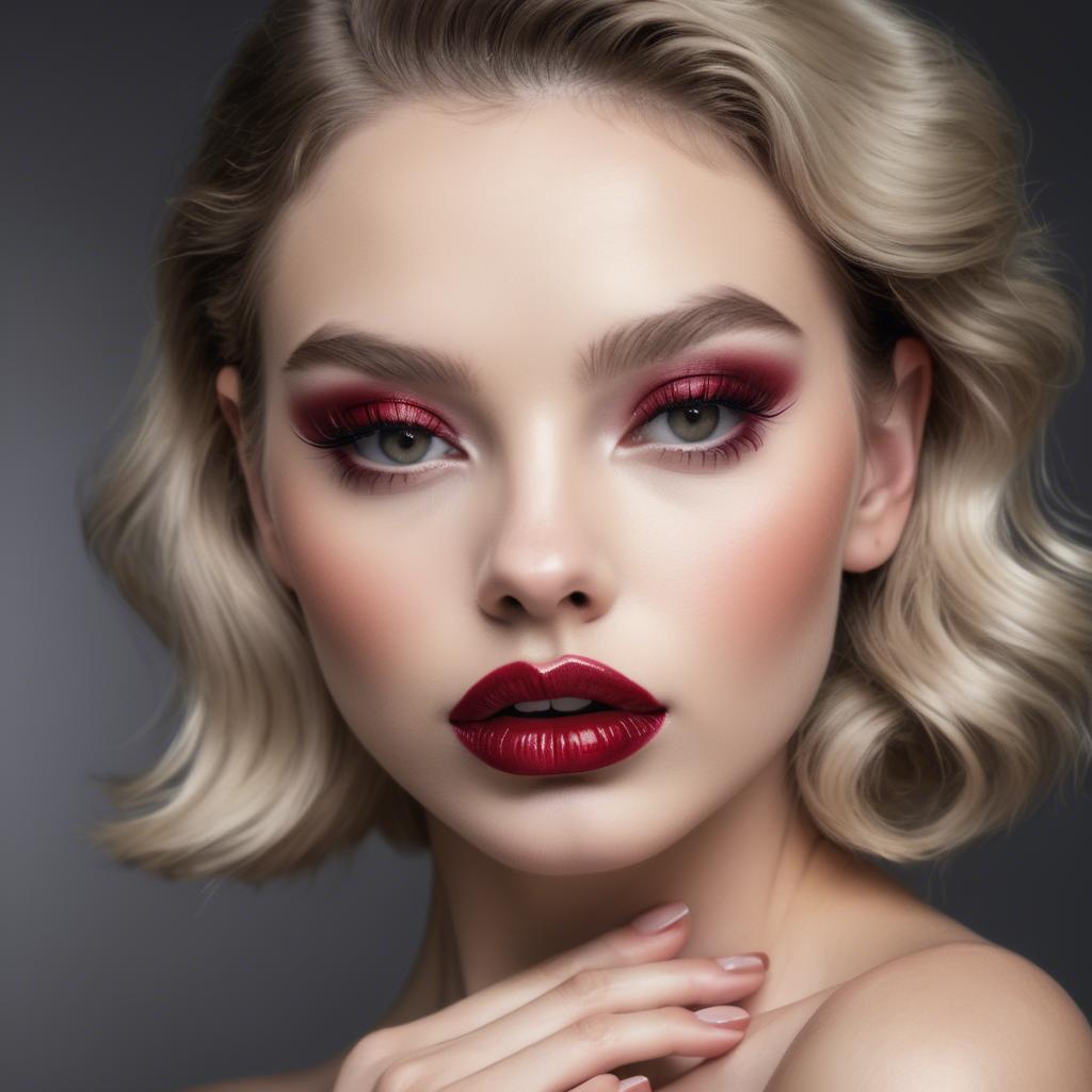 A stunning image of alluring model with long lashes and ruby lips.