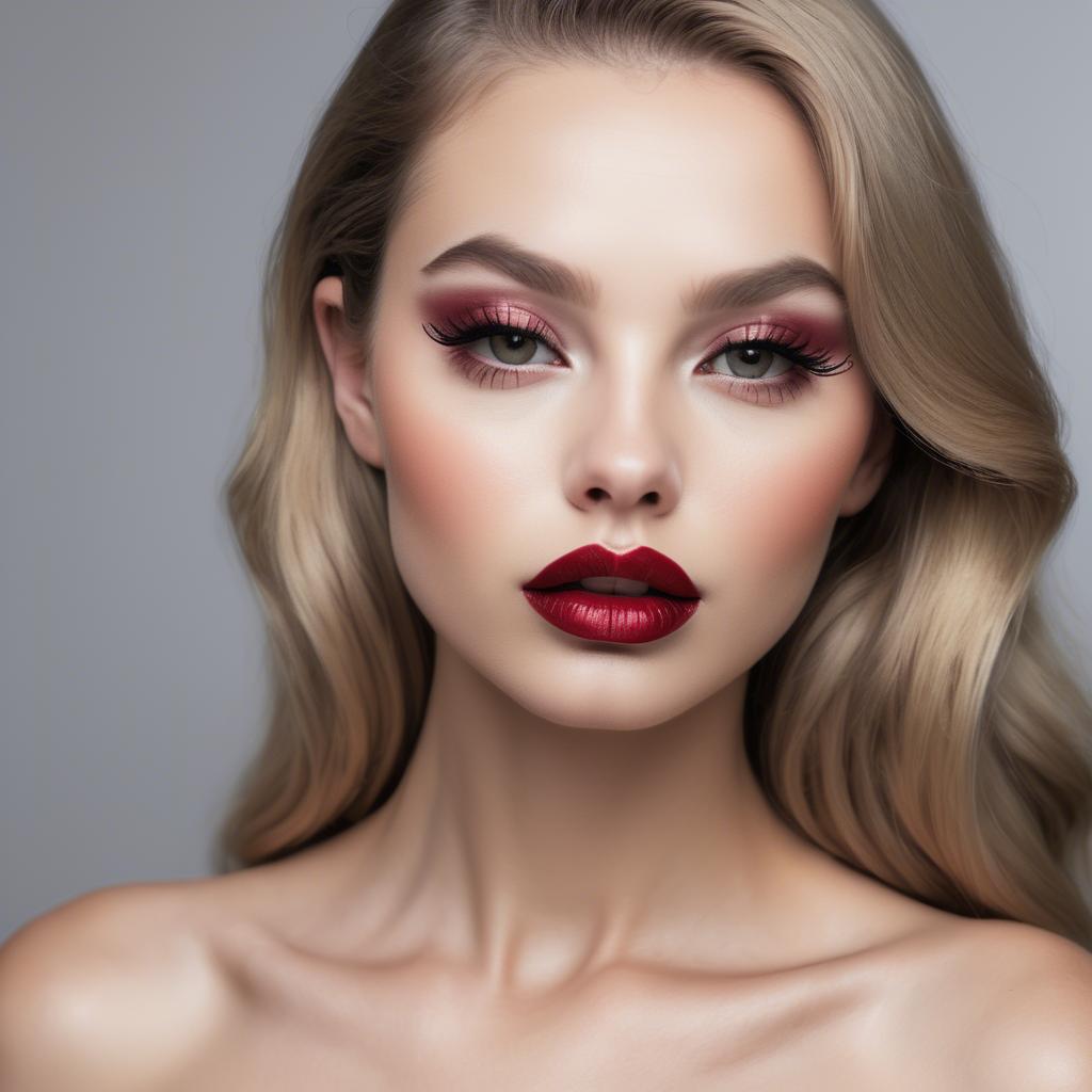 A stunning image of alluring model with long lashes and ruby lips.