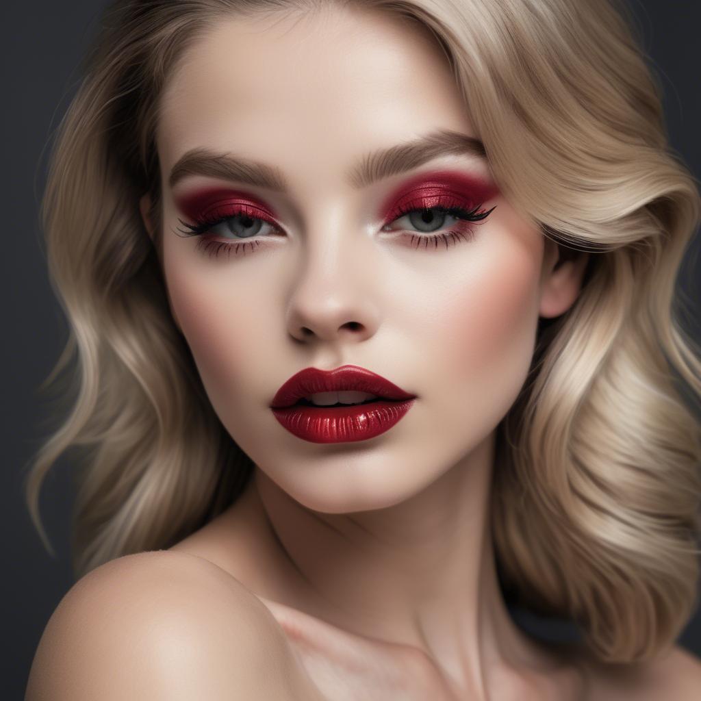 A stunning image of alluring model with long lashes and ruby lips.
