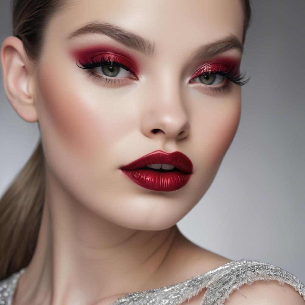 A stunning image of alluring model with long lashes and ruby lips.