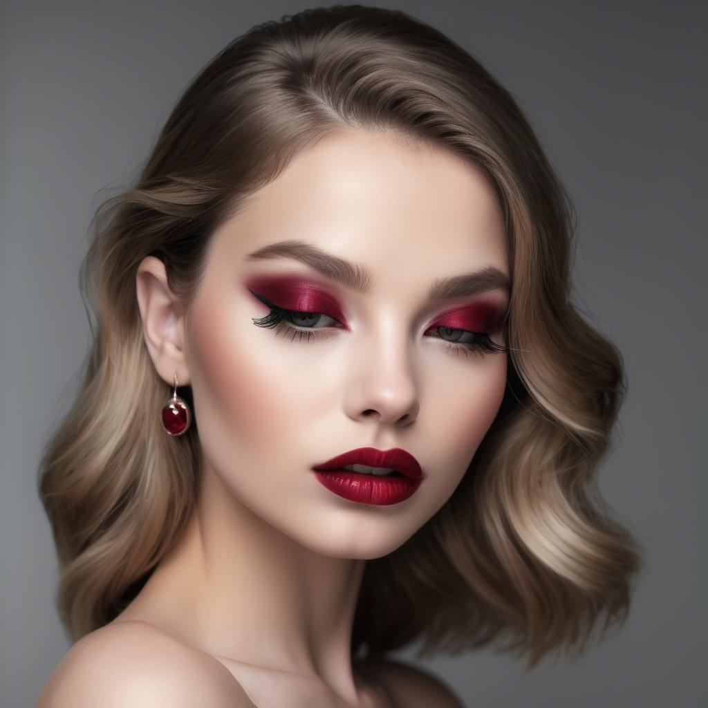 A stunning image of alluring model with long lashes and ruby lips.
