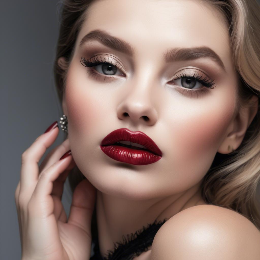 A stunning image of alluring model with long lashes and ruby lips.