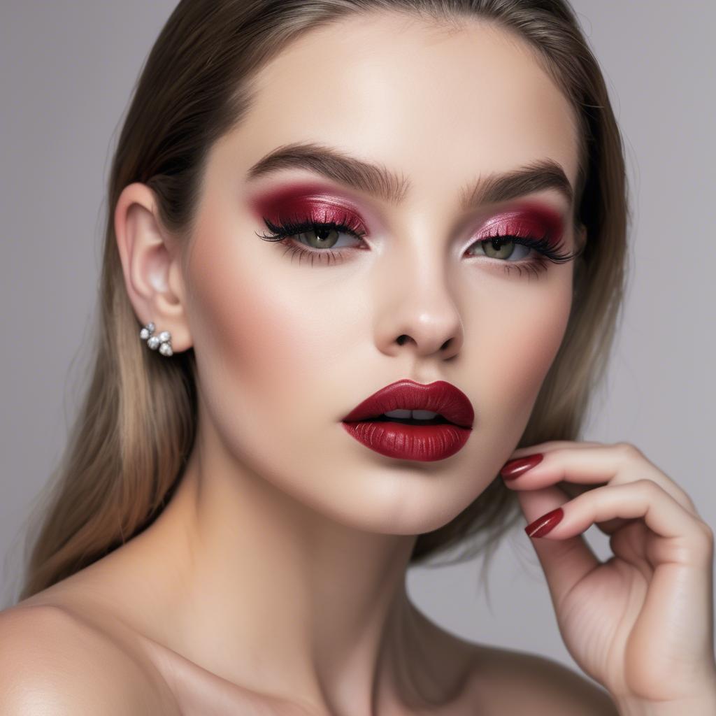 A stunning image of alluring model with long lashes and ruby lips.