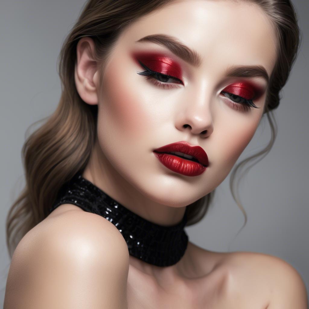 A stunning image of alluring model with long lashes and ruby lips.