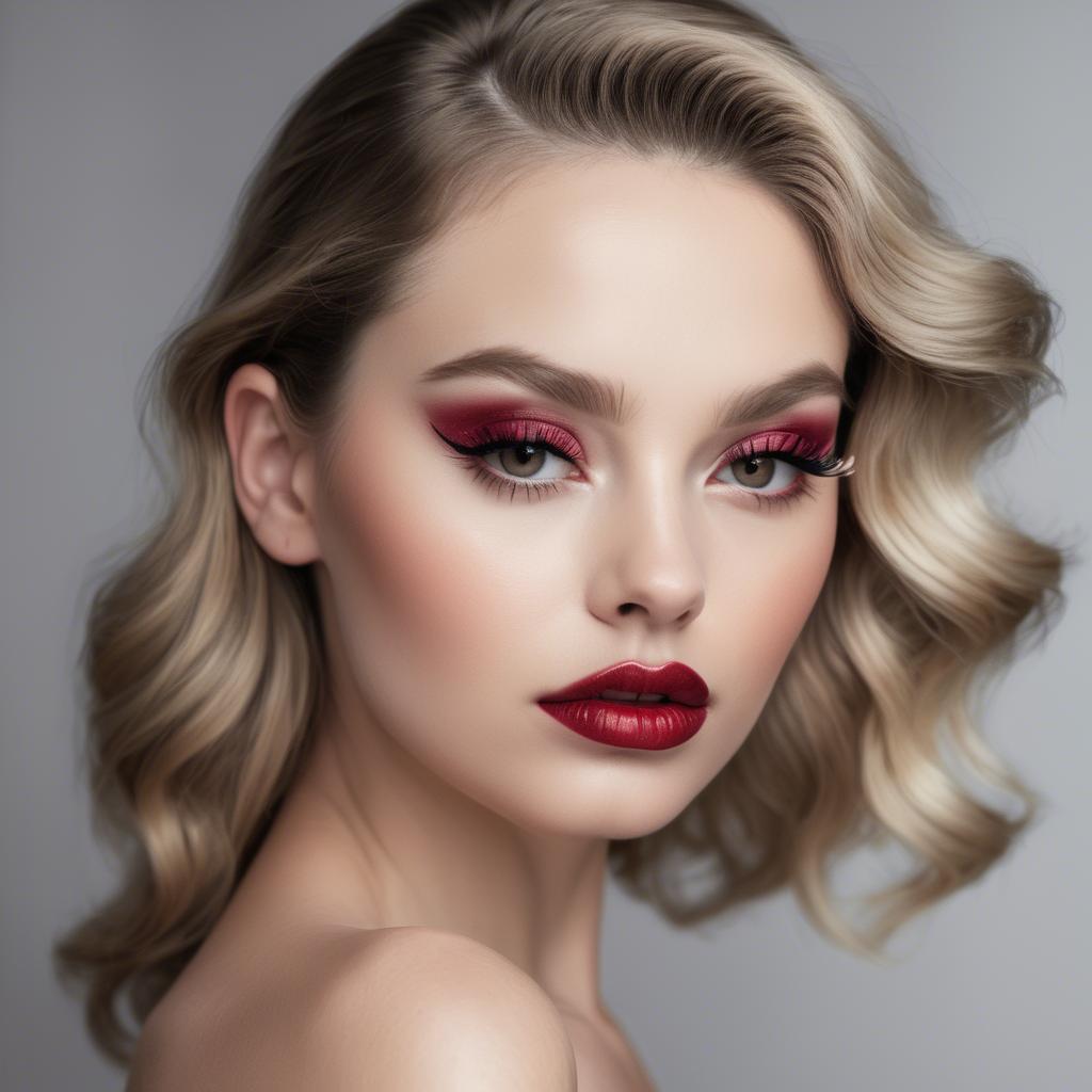 A stunning image of alluring model with long lashes and ruby lips.