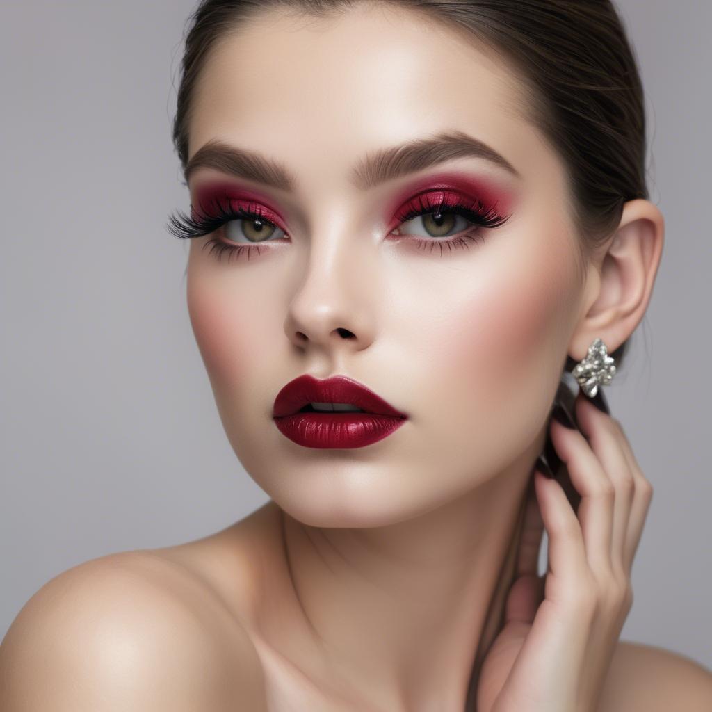 A stunning image of alluring model with long lashes and ruby lips.