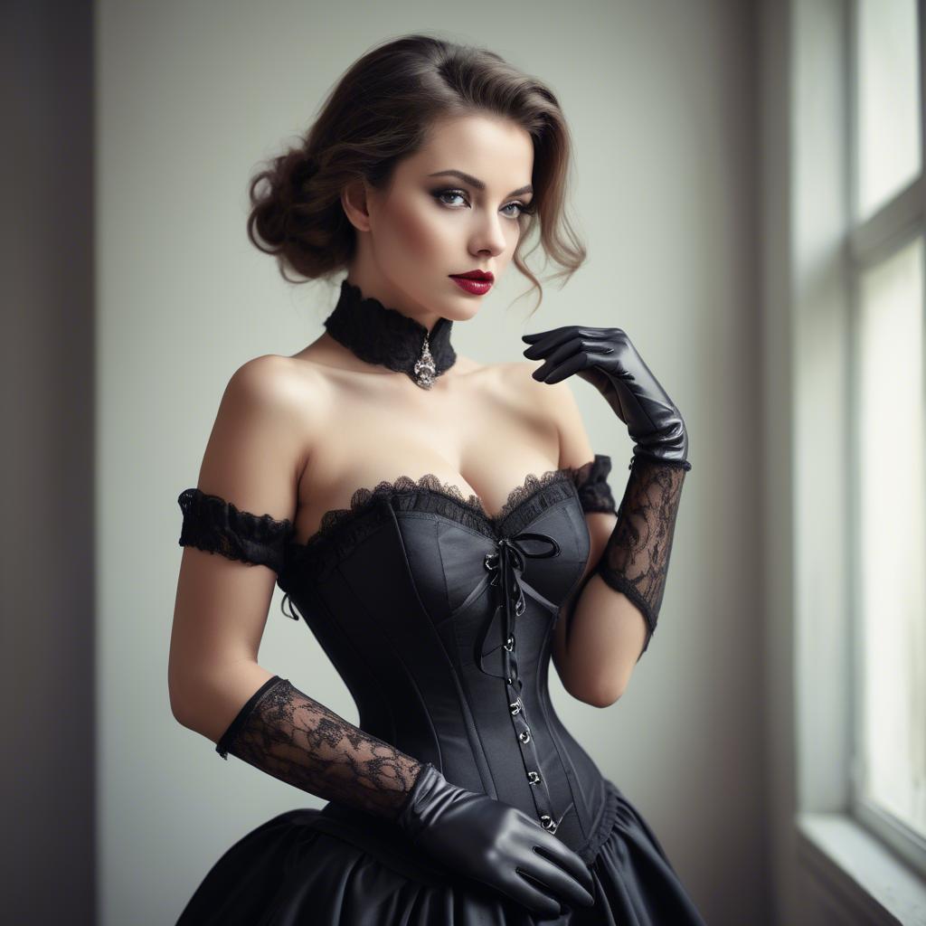 A stunning image of alluring woman in a corset dress with delicate gloves.