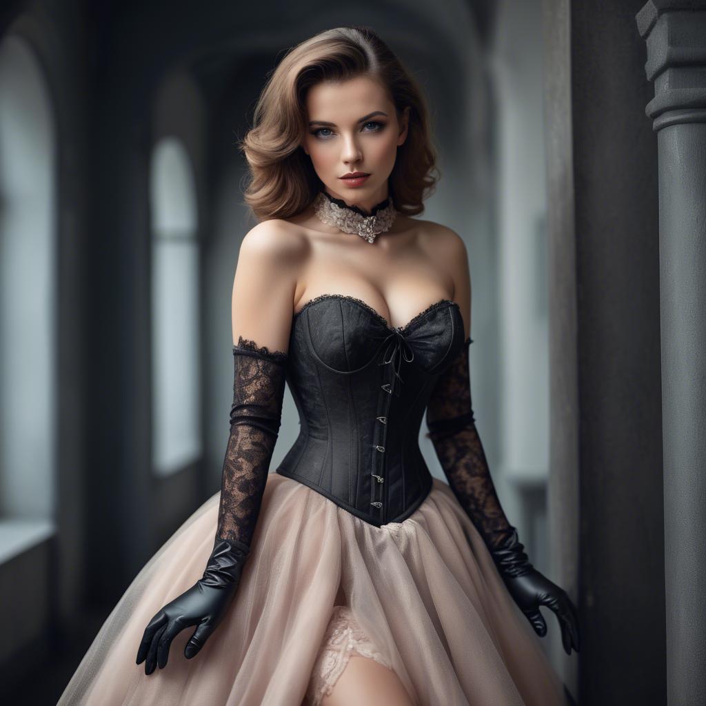 A stunning image of alluring woman in a corset dress with delicate gloves.