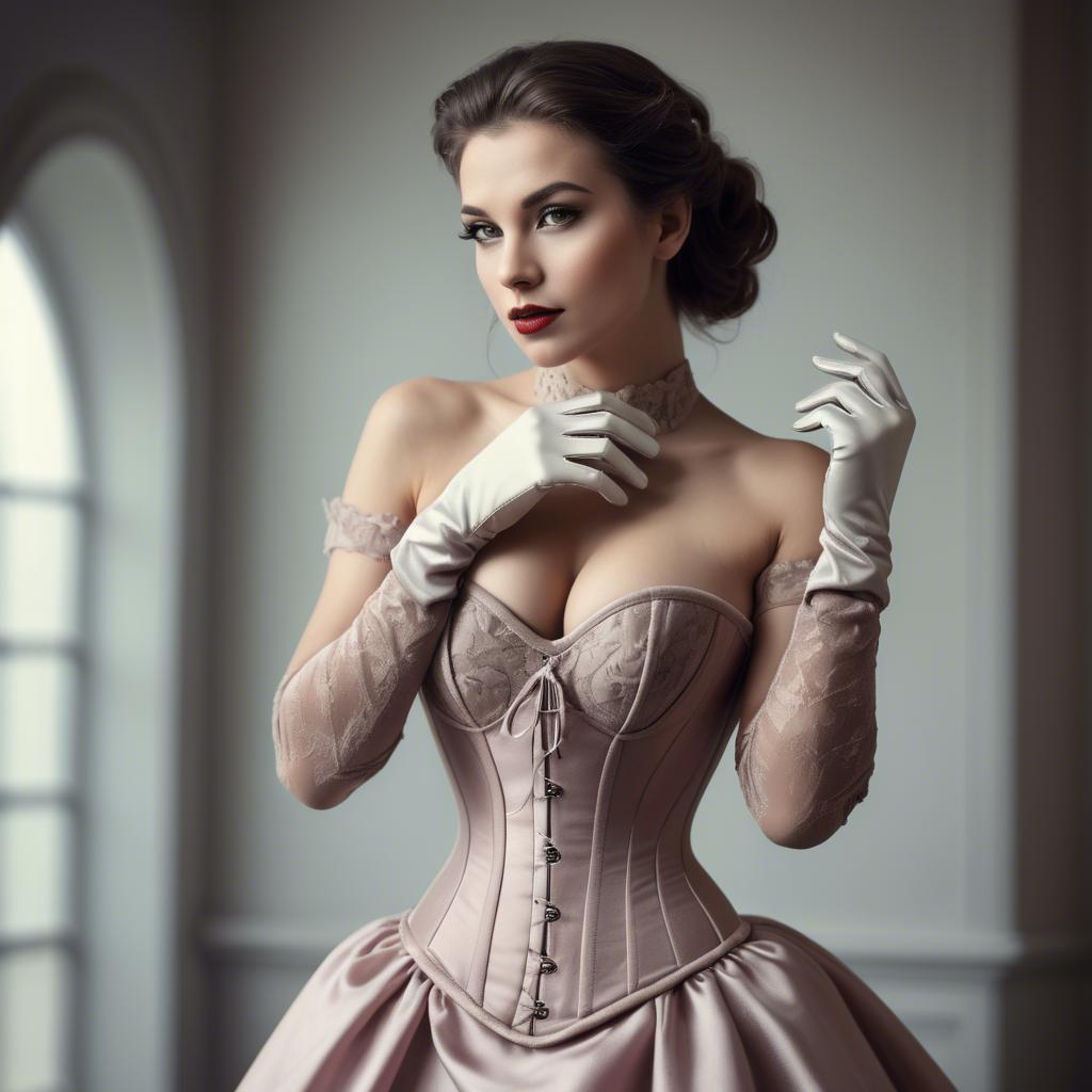 A stunning image of alluring woman in a corset dress with delicate gloves.